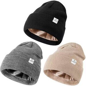Satin Lined Winter Beanie Set 3 Pack Soft Acrylic Hair Protection
